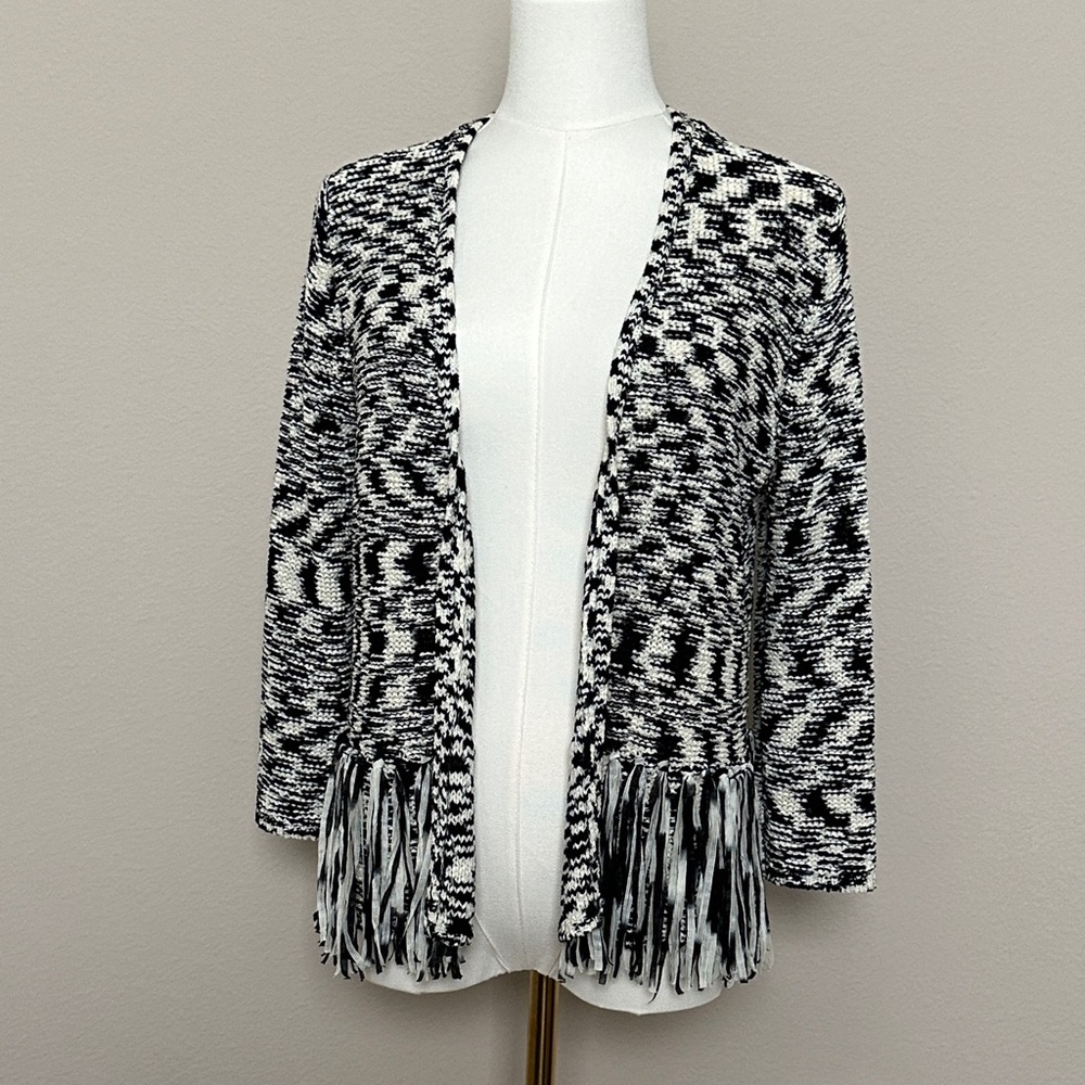 Chico’s Black and White Patterned Women's Cardigan w/ Fringe~ Size 0